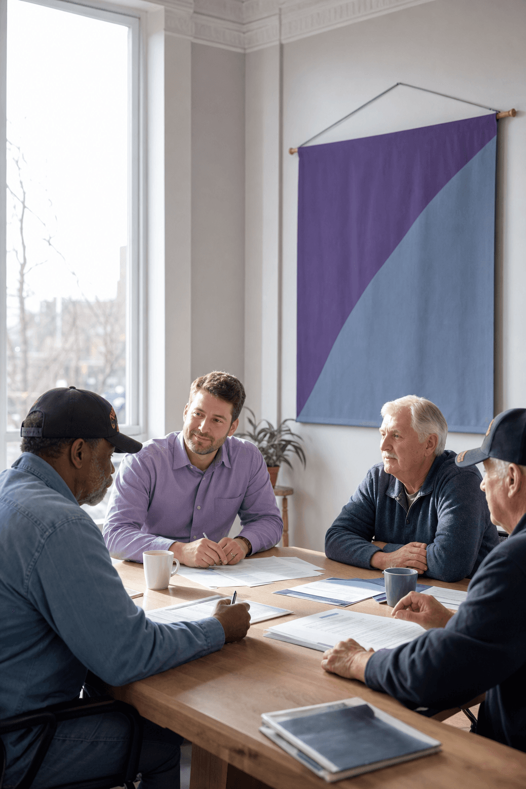 Veterans gathered around a table with a job coach in a sunlit community room, resumes and coffee cups visible
