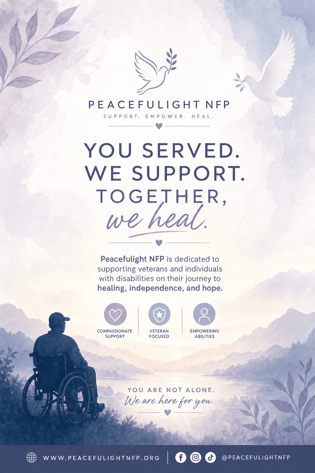 Peacefulight NFP social media post honoring veterans and disabled individuals with a message of hope and community support