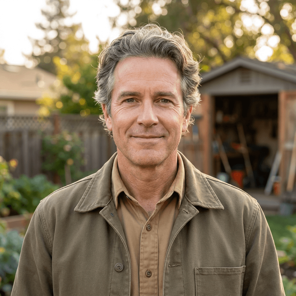 Male veteran in his early 60s, Black, standing outside a home in golden hour light