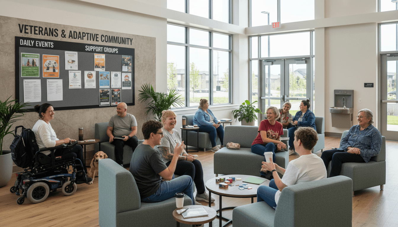 Diverse group of veterans and disabled individuals in a community center engaging in supportive activities.