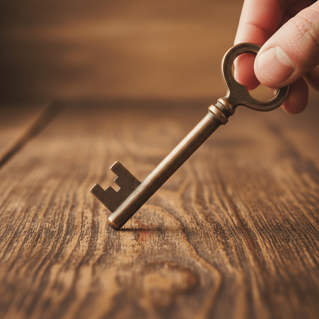 A key resting on a wooden table
