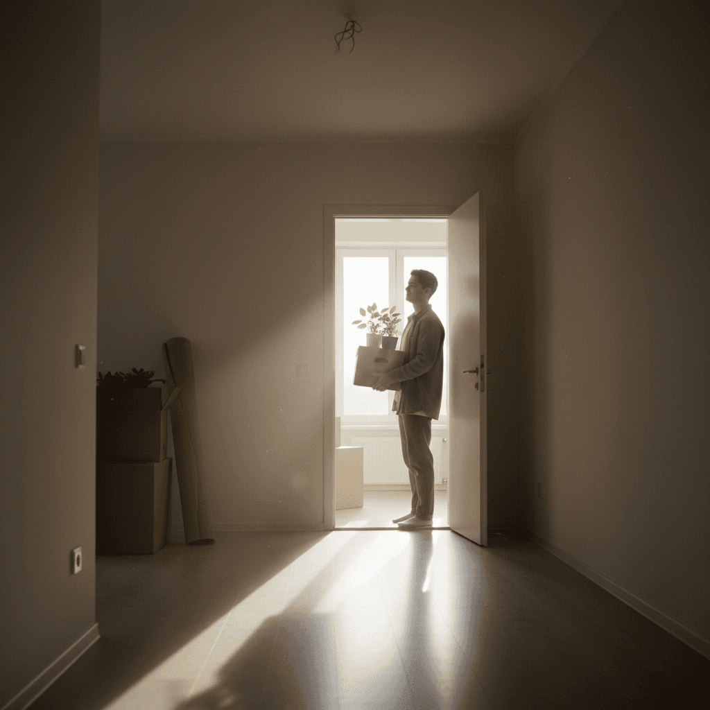 Person standing in an apartment doorway looking out