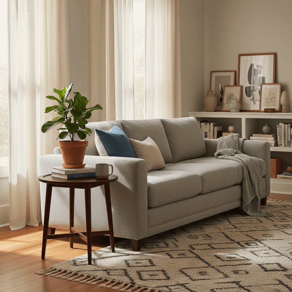 A bright, simple living room with a couch and natural light