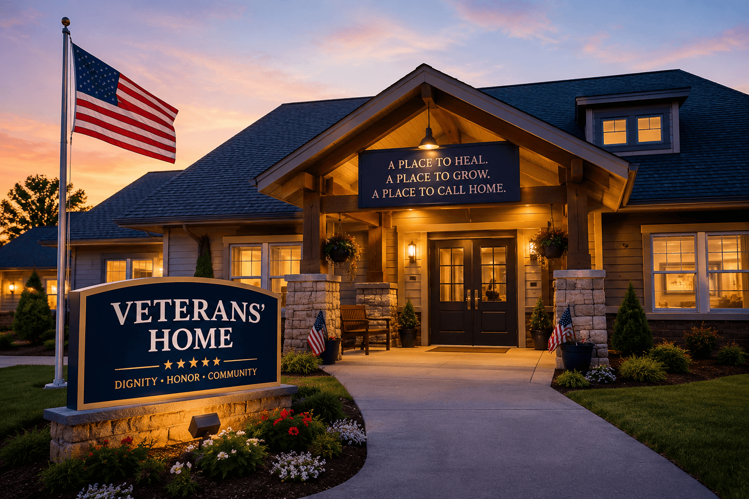 Warmly lit Veterans' Home entrance at sunset with an American flag and welcoming signage.